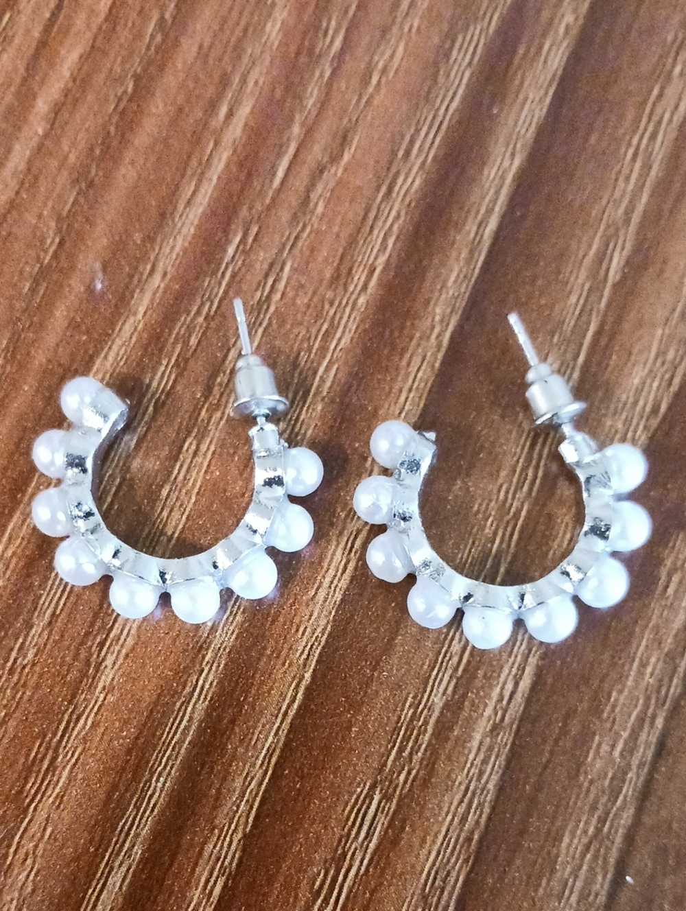 Silver Tone Hoop Earrings with White Pearl Accents